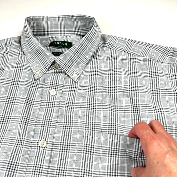 Orvis Mens Active Fit Gray Plaid Dress Shirt XXL Button-Down Collar Polyester - Picture 3 of 9